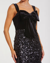 Black Sleeveless Sequin Column Gown With Velvet Bow